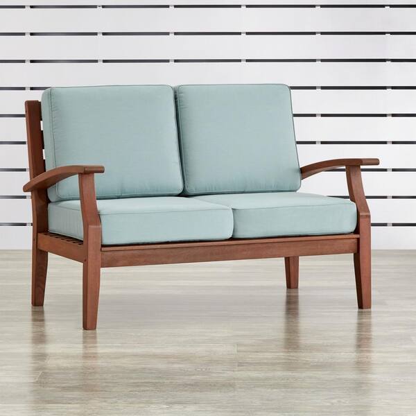 HomeSullivan Verdon Gorge Brown Oiled Wood Outdoor Loveseat with Sunbrella Blue Cushions