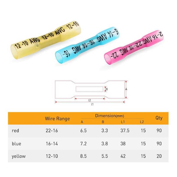 115-Piece Heat Shrink Butt Connector Set – Waterproof Insulated Electrical Terminals With Hot Melt Adhesive, AWG 22-10, 3 Color-Coded Sizes