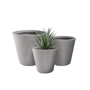 Large, Medium, Small Round Natural Finish Lightweight Concrete and Weather Resistant Fiberglass Planters (Set of 3)