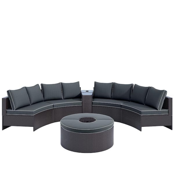Mondawe 6-Piece Brown PE Wicker Outdoor Sectional Half Round Patio Sofa Set with Brown Cushions and Multifunctional Round Table