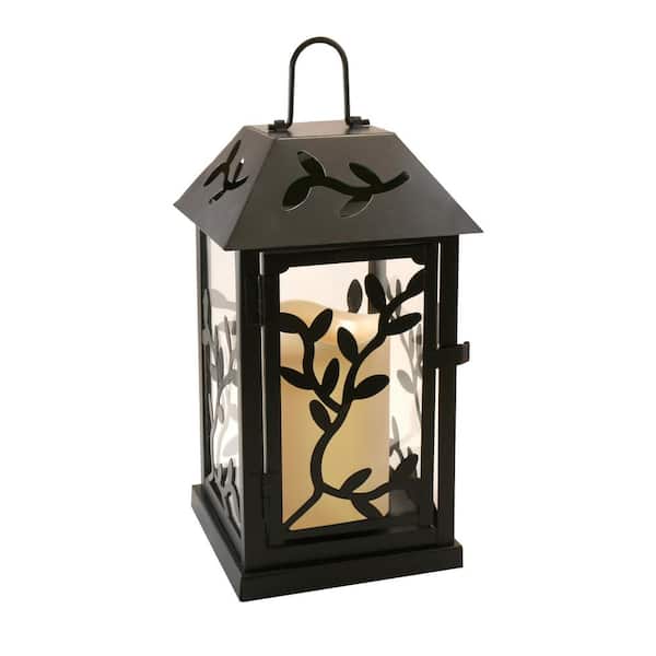 LUMABASE 5.3 in. x 9 in. Black Vine Metal Lantern with LED Candle