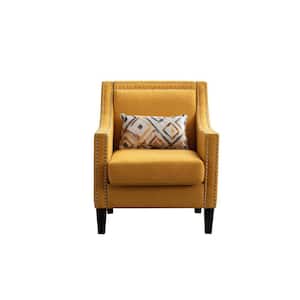 Yellow Linen Fabric Upholstered Accent Arm Chair with Nailheads and Solid Wooden Legs