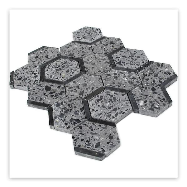 Stellare 11 in. x 12 in. Honed Gray-Black Terrazzo Marble Mosaic Hexagon Wall and Floor Tile 4.38 sq. ft./Case-5 Pack