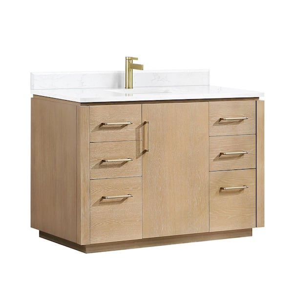 San 48 in.W x 22 in.D x 33.8 in.H Single Sink Bath Vanity in Washed Ash Grey with White Composite Stone Top