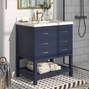 Demerzel in. 30 in. W x 22 in. D x 38.5 in. H Single Sink Freestanding Bath Vanity in Blue With White Marble Top