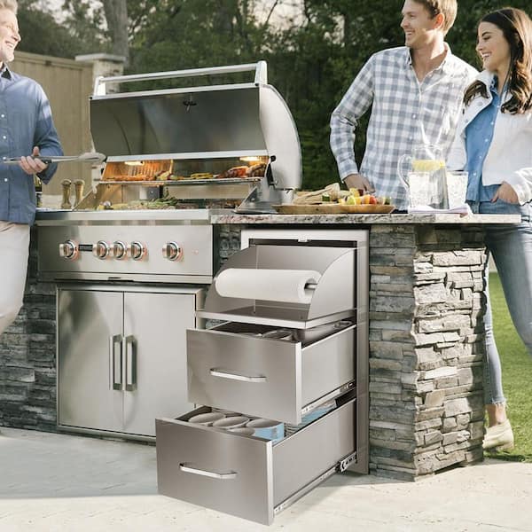 Outdoor Kitchen Drawers 17 in. W x 30 in. H x 21 in. D Mount Triple BBQ Drawers with Handle BBQ Island Drawers