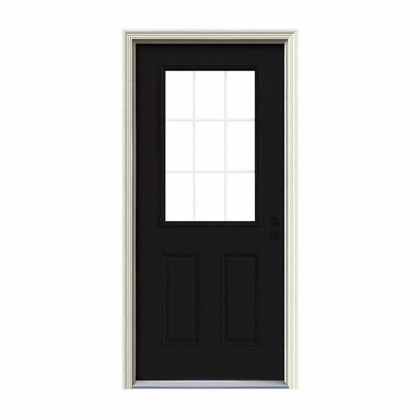 JELD-WEN 32 in. x 80 in. 9 Lite Black Painted w/White Interior Steel Prehung Left-Hand Inswing Back Door w/Brickmould