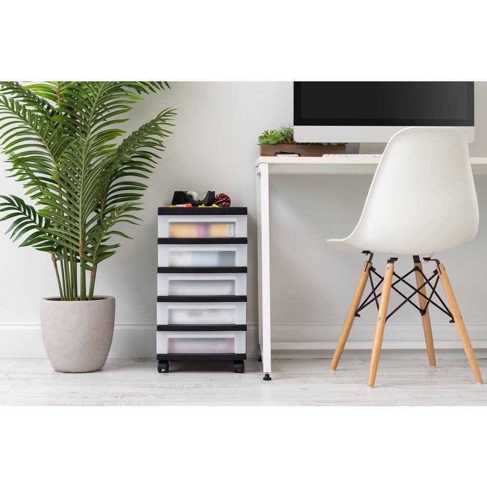 Black 5-Drawer Plastic Storage Tower with Organizer Top