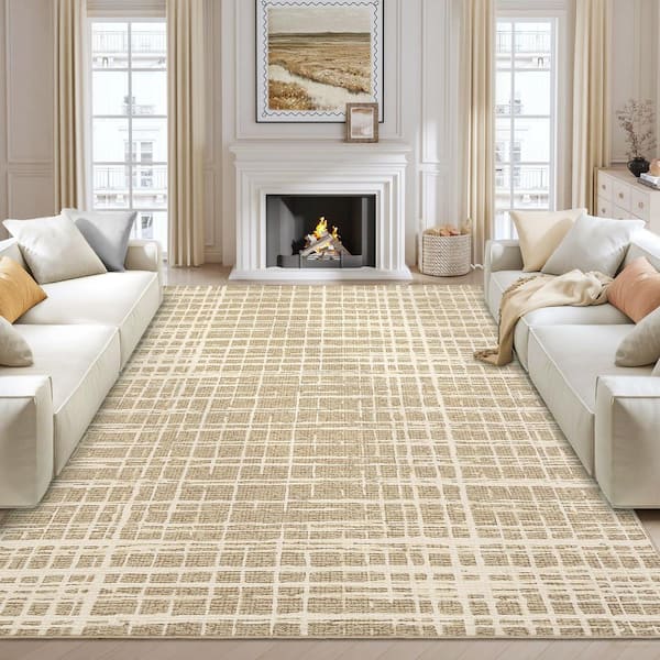 Camel 8 ft. x 10 ft. Anti-Slip Grid Print Rug Modern Machine Washable Ultra-Thin Soft for Bedroom Corridor Office