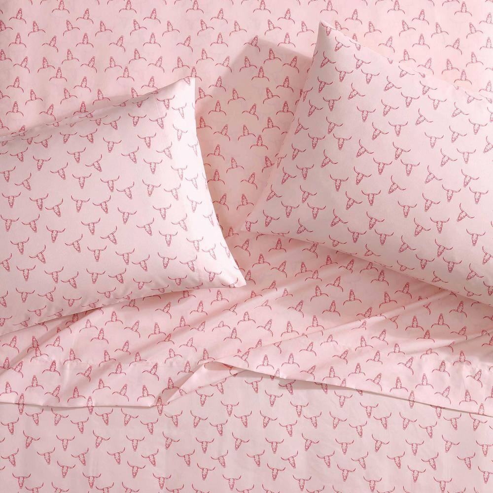 Pink Steer Skulls Print Queen Microfiber Sheet Set