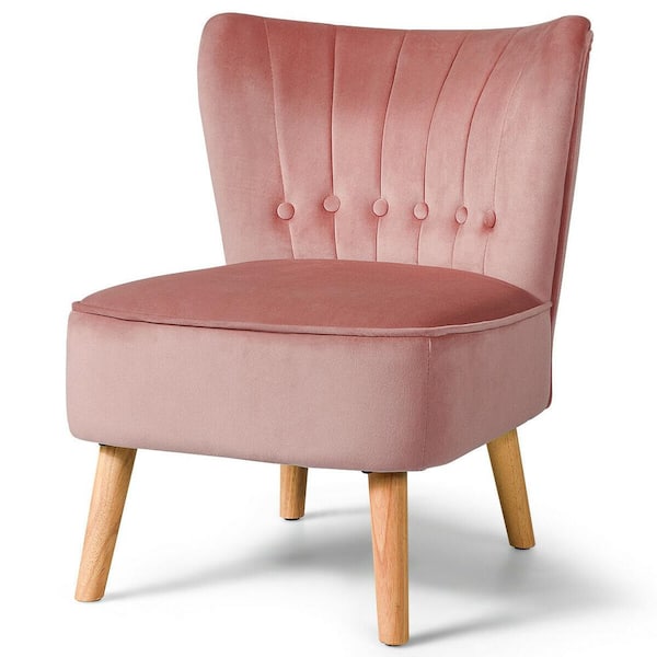 FORCLOVER Pink Armless Velvet Side Chair Tufted with Rubberwood Legs