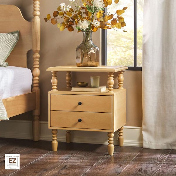 Walker Edison Furniture Company Modern Farmhouse Easy Assembly Natural 2-Drawer 22 in. W Solid Wood Spindle-Detailing Nightstand