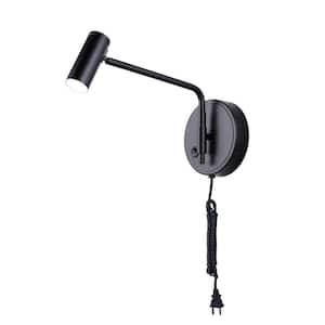 TEO 13.38 in. 1 Light Integrated LED Black Modern Wall Sconce with Black Metal Shade, Plug In