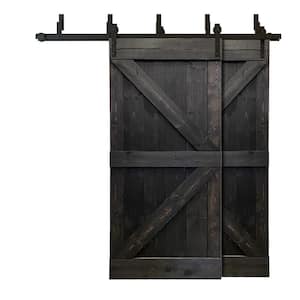 84 in. x 84 in. K Bar Bypass Charcoal Black Stained Solid Pine Wood Interior Double Sliding Barn Door with Hardware Kit