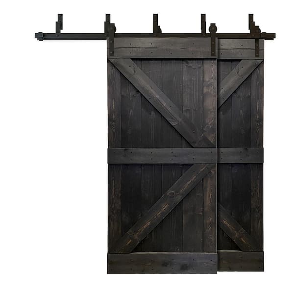 CALHOME 84 in. x 84 in. K Bar Bypass Charcoal Black Stained Solid Pine Wood Interior Double Sliding Barn Door with Hardware Kit