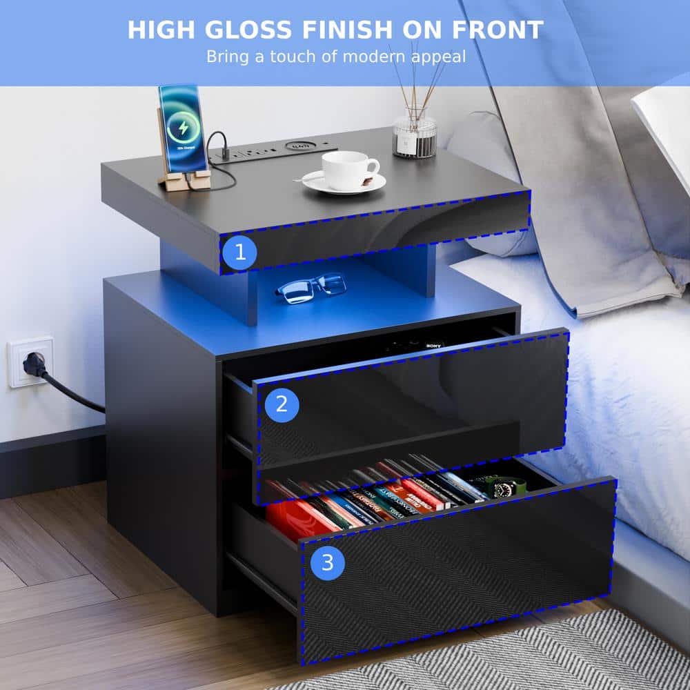 Modern Black 2-Drawer Nightstand with Wireless Charging and LED Light