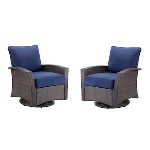 Williamsport Brown Swivel Wicker Outdoor Lounge Chair with Dark Blue Cushion (2 Pack)