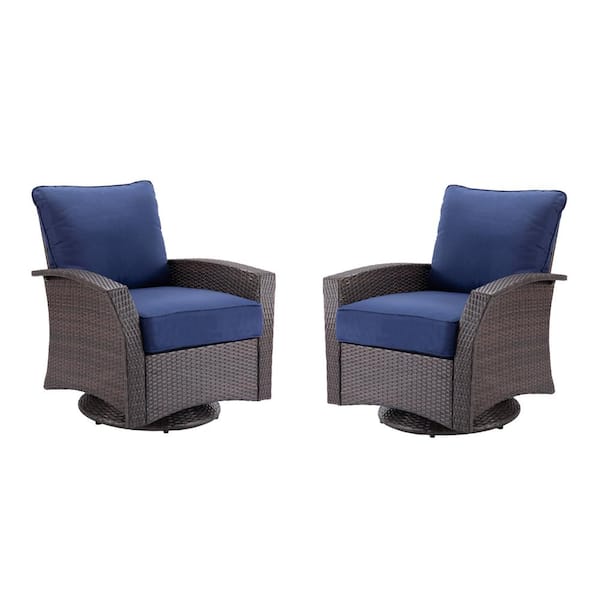 Donglin Williamsport Brown Swivel Wicker Outdoor Lounge Chair with Dark Blue Cushion (2 Pack)