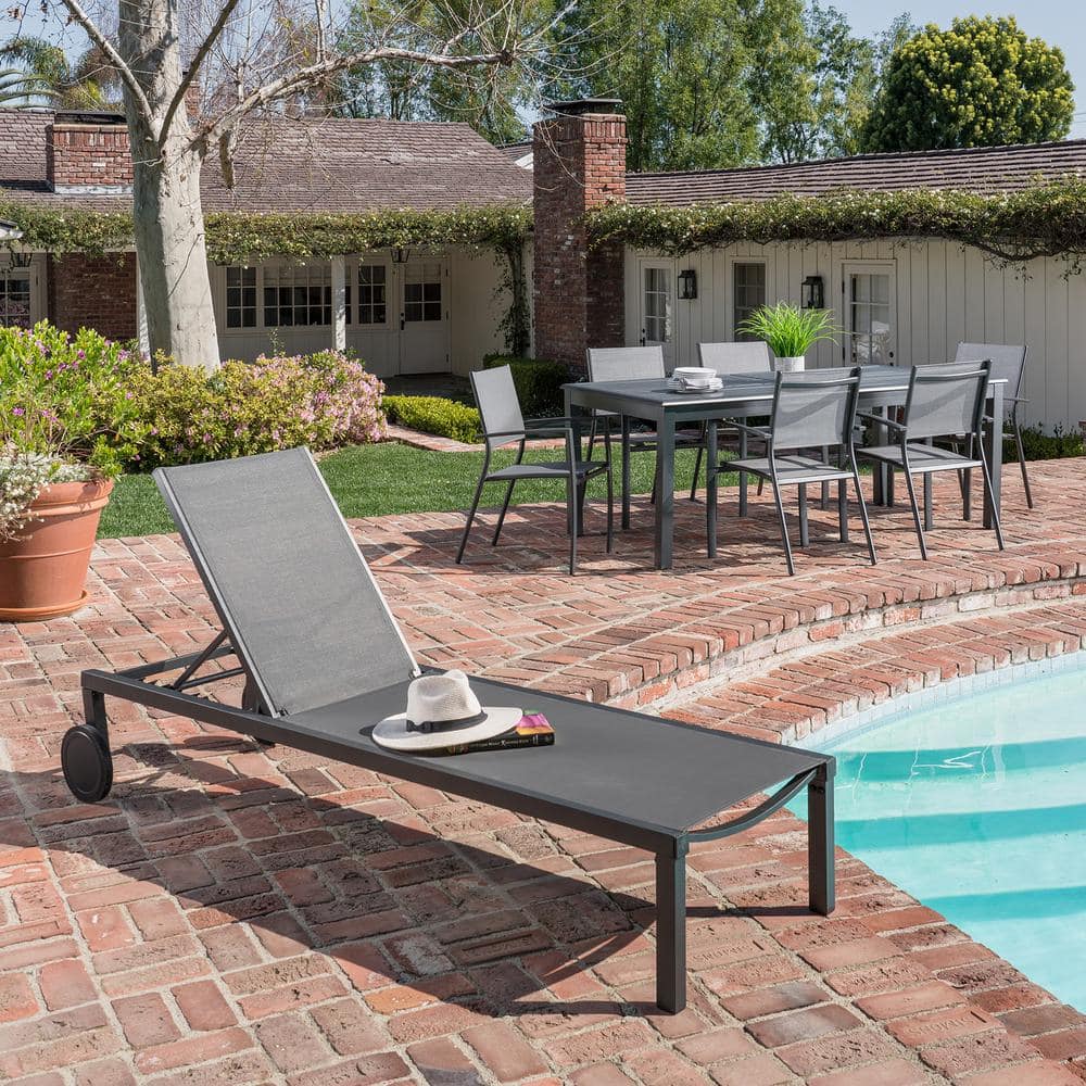 Gray Adjustable Aluminum Sling Chaise Lounge Chair