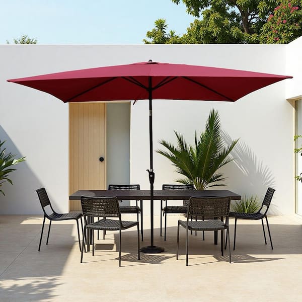 ToolCat 9 ft. x 6 ft. Rectangular Aluminum Market Push Button Tilt with Crank Patio Umbrella in Red