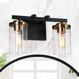 14 in. 2-Light Black Vanity Light for Bathroom Industrial Modern Brass Gold Wall Sconce with Cylinder Clear Glass Shade