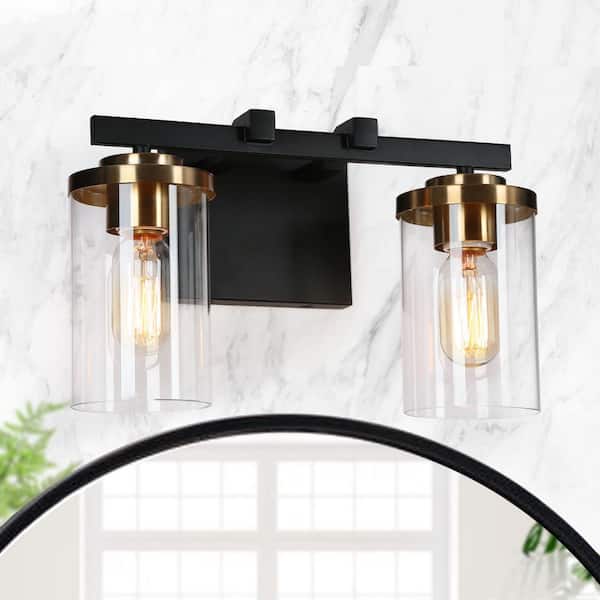 Zevni 14 in. 2-Light Black Vanity Light for Bathroom Industrial Modern Brass Gold Wall Sconce with Cylinder Clear Glass Shade
