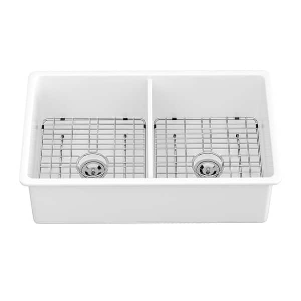 32 in. 16-Gauge White Ceramic Undermount Kitchen Bar Sink Double Bowl Sink Basin