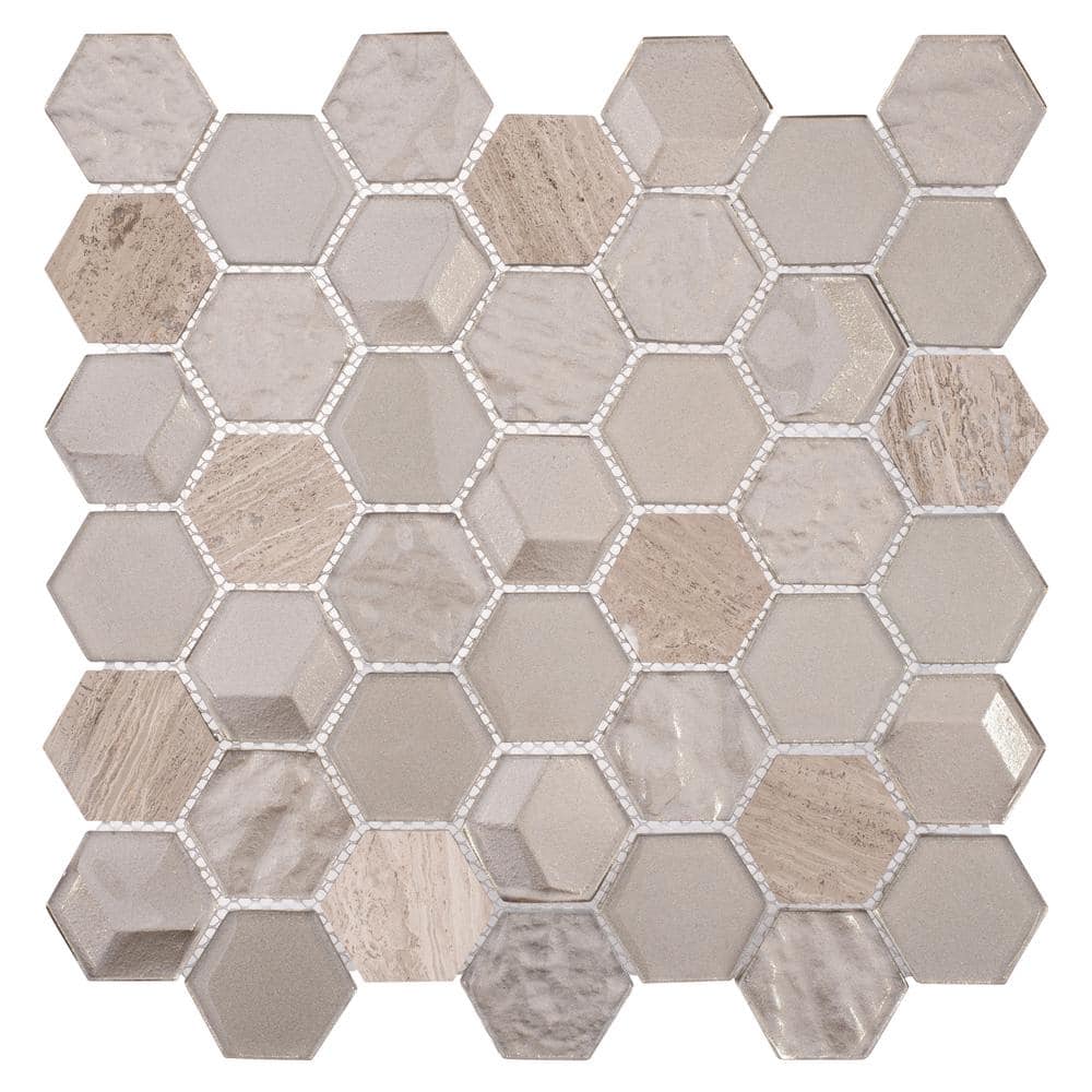Xen Sheela Tan 12 in. x 11 7/8 in. Hexagon Smooth Glass and Stone Mosaic Wa