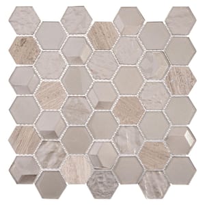 Xen Sheela Tan 12 in. x 11 7/8 in. Hexagon Smooth Glass and Stone Mosaic Wall Tile (4.95 sq. ft./Case)