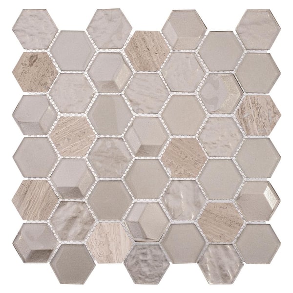 ANDOVA Xen Sheela Tan 12 in. x 11 7/8 in. Hexagon Smooth Glass and Stone Mosaic Wall Tile (4.95 sq. ft./Case)