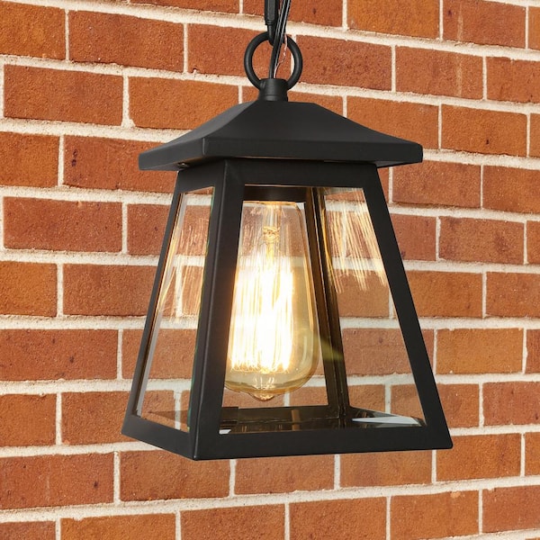Uolfin Modern Black Outdoor Hanging Light, Exton 1-Light Lantern Outdoor Patio Celing Pendant Light with Clear Glass Shade
