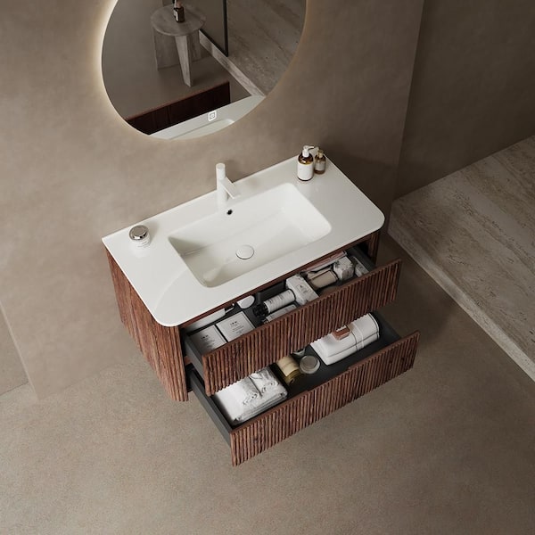 36 in. Single Sink Wall-Mounted Floating Plywood Bath Vanity in Retro Walnut with White Ceramic Basin Top
