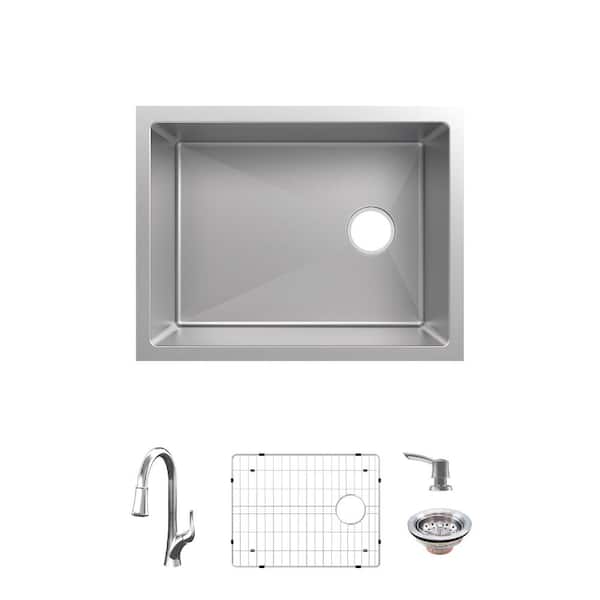 Tight Radius 23 in. Undermount Single Bowl 18 Gauge Stainless Steel Kitchen Sink with Pull-Down Faucet
