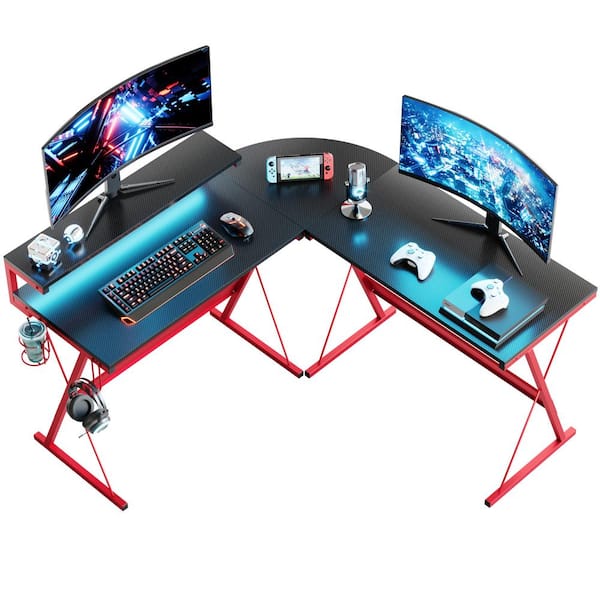 Bestier 55.25 in. Red and Black Carbon Fiber L Shaped Gaming Desk with Monitor Stand Reversible Computer Desk
