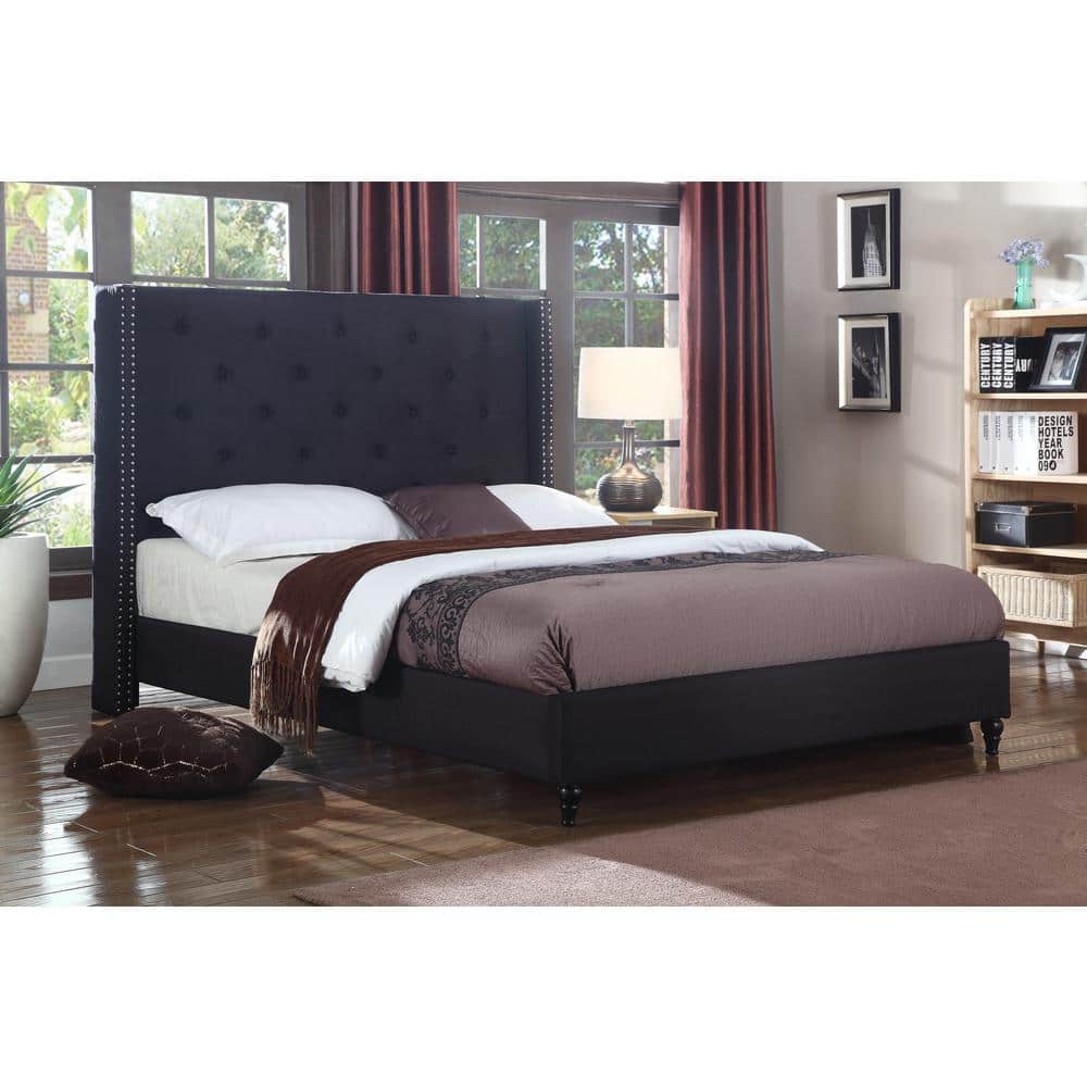 King Black Linen Upholstered Wingback Bed with Tufted Headboard