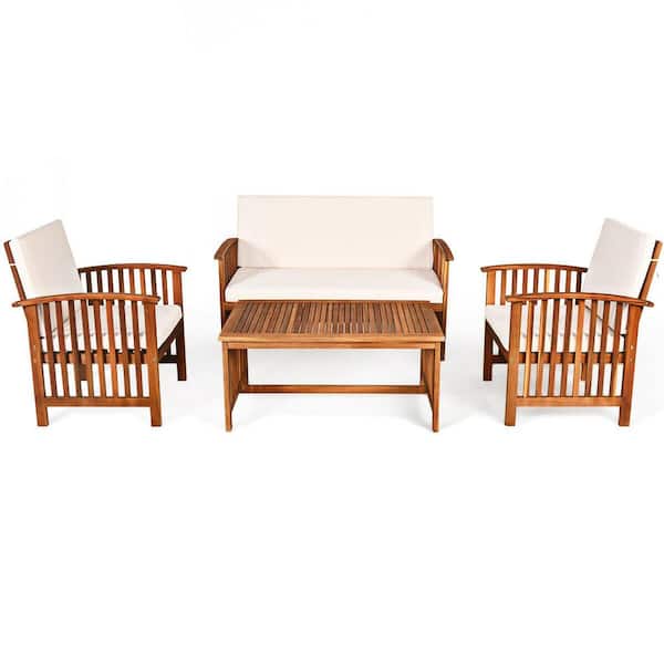 ANGELES HOME 4-Piece Solid Wood Patio Conversation Set with Water Resistant Beige Cushions