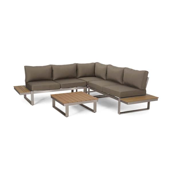 Sterling Silver and Natural 4-Piece Aluminum Outdoor Patio Conversation Set with Khaki Cushions