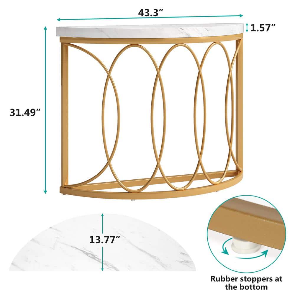 43" White Faux Marble and Gold Metal Half Moon Console Table