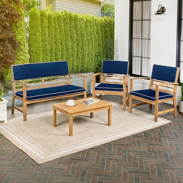 Barclay 4-Piece Modern Coastal Acacia Wood Conversation Outdoor Patio Set with Cushions, Navy/Teak Brown