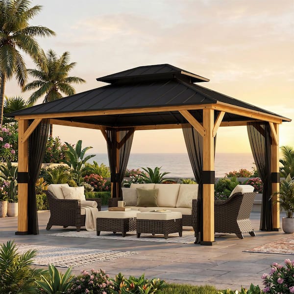 13 ft. x 11 ft. Outdoor Patio Wood Frame Gazebo with Double Galvanized Steel Roof and Mosquito Netting