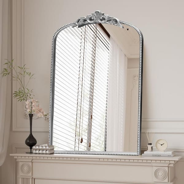 LuxHomez 24 in. W x 36 in. H Vintage Antique Silver Arched Ornate Metal Frame Decorative Wall Mirror