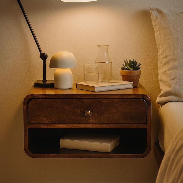 Rosh Brown 1 Drawer Solid Wood Floating Nightstand with 1 Open Slot