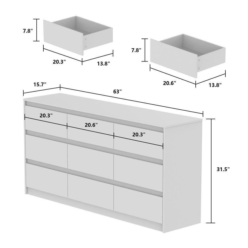 9-Drawer White Paint Finish Dresser Chest of Drawers 31.5 in. H x 63 in. W x 15.7 in. D - thumbnail 3
