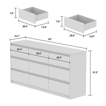 9-Drawer White Paint Finish Dresser Chest of Drawers 31.5 in. H x 63 in. W x 15.7 in. D