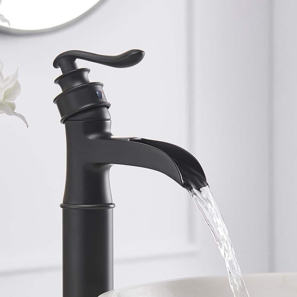 Matte Black Waterfall Single-Handle Vessel Bathroom Faucet with Drain Assembly