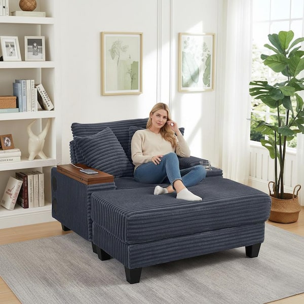 HAQI 42 in. Straight Arm Corduroy Sofa with Rotating Table Board, USB Charging and Bluetooth Speaker, in Slate Gray