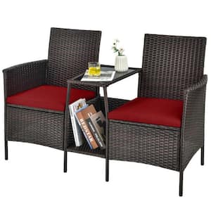 1-Piece Rattan Wicker Patio Conversation Set Sofa with Red Cushions and Loveseat Glass Table