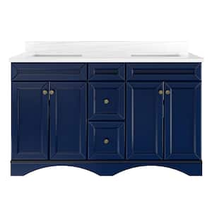 Solid Wood 60 in. W x 22 in. D x 39.3 in. H Double Sinks Bath Vanity in Navy Blue with Carrara White Natural Marble Top