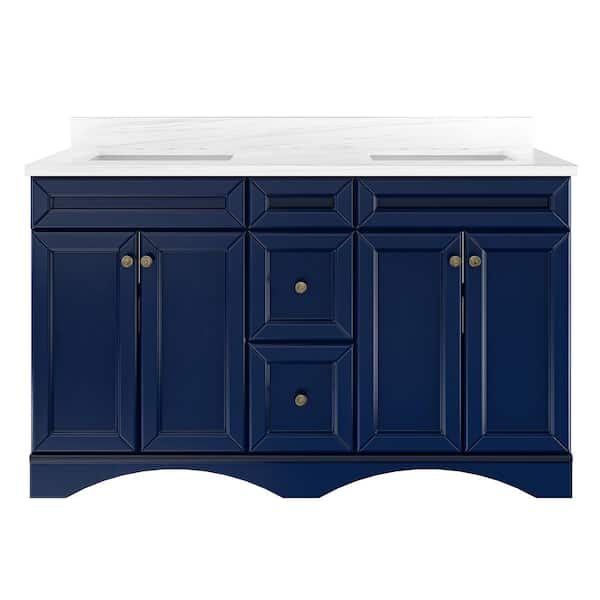 VANITYFUS Solid Wood 60 in. W x 22 in. D x 39.3 in. H Double Sinks Bath Vanity in Navy Blue with Carrara White Natural Marble Top