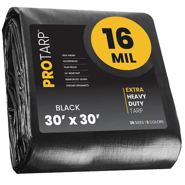 PROTARP 30 ft. x 30 ft. Black 16 Mil Heavy Duty Polyethylene Tarp, Waterproof, UV Resistant, Rip and Tear Proof